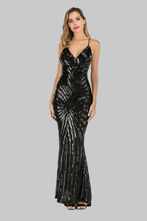 Black Deep V-Neck Open Back Sequins Maxi Dress